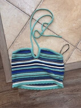 Forever 21 Teal, Navy & White Striped Crochet Crop Top